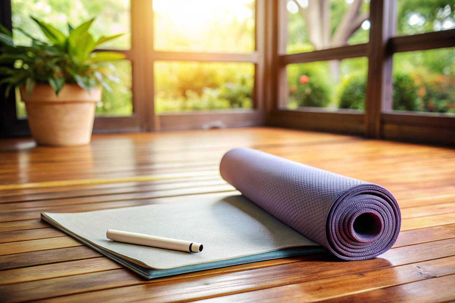 Eine friedliche Szene mit einem Yoga-Matte und einem Notizbuch auf einem Holzboden, um Kommunikation und Achtsamkeit zu symbolisieren