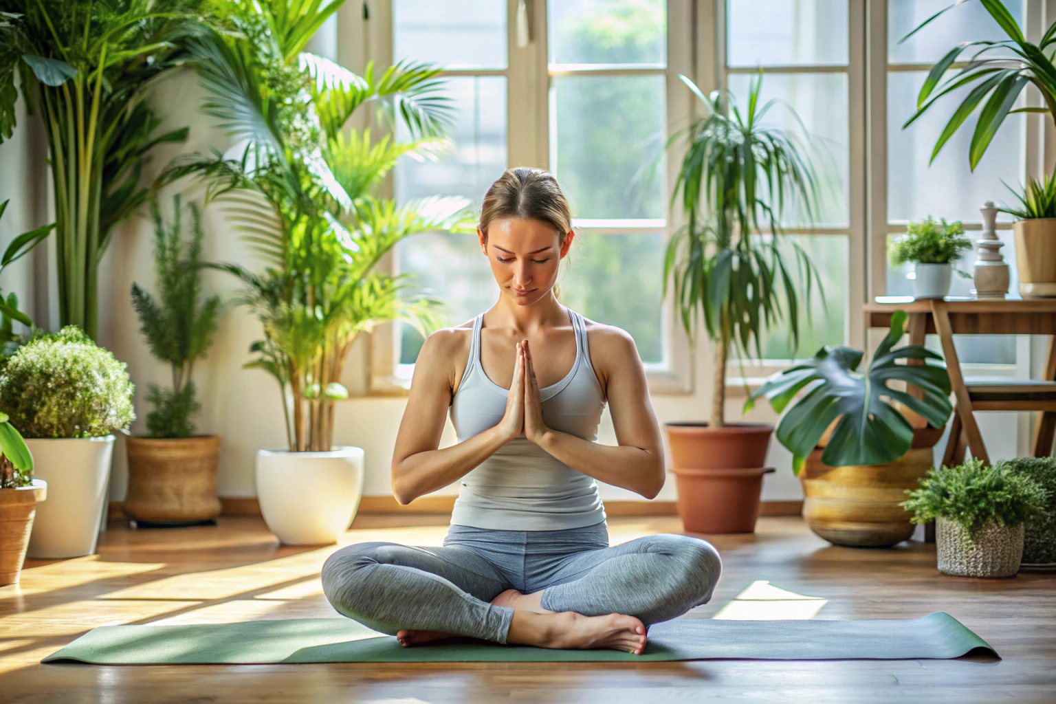 Eine Person in einer meditativen Yoga-Haltung auf einer Matte, umgeben von natürlichem Licht und Pflanzen, die Hände in Gebetshaltung, mit geschlossenen Augen und einem friedlichen Gesichtsausdruck, symbolisiert tiefe Entspannung und innere Balance