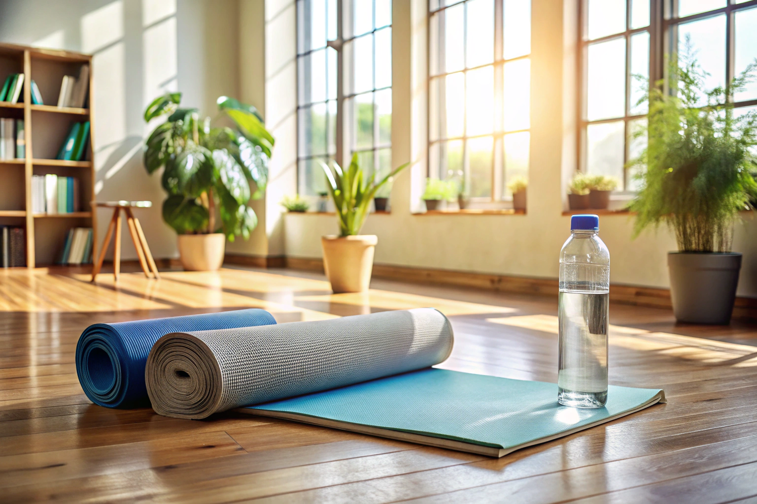 Eine friedliche Szene mit einer Yoga-Matte, umgeben von einigen Büchern und einer Wasserflasche auf einem hellen Holzboden, mit diffusem Tageslicht, das eine ruhige Atmosphäre schafft