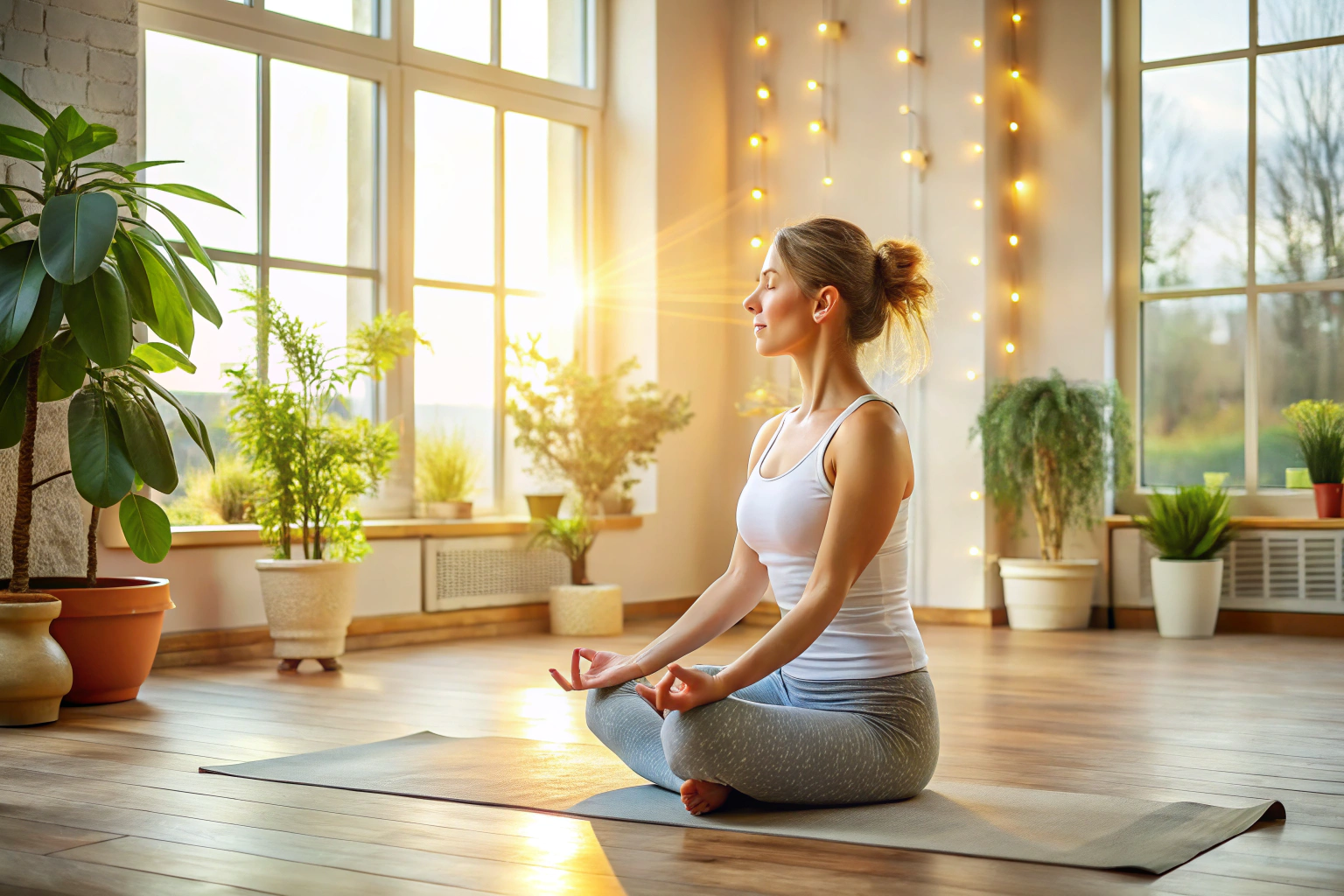 Eine Person in einer entspannten Yoga-Pose auf einer Matte in einem hellen, natürlichen Raum, umgeben von sanftem Licht, das Harmonie und Entspannung vermittelt